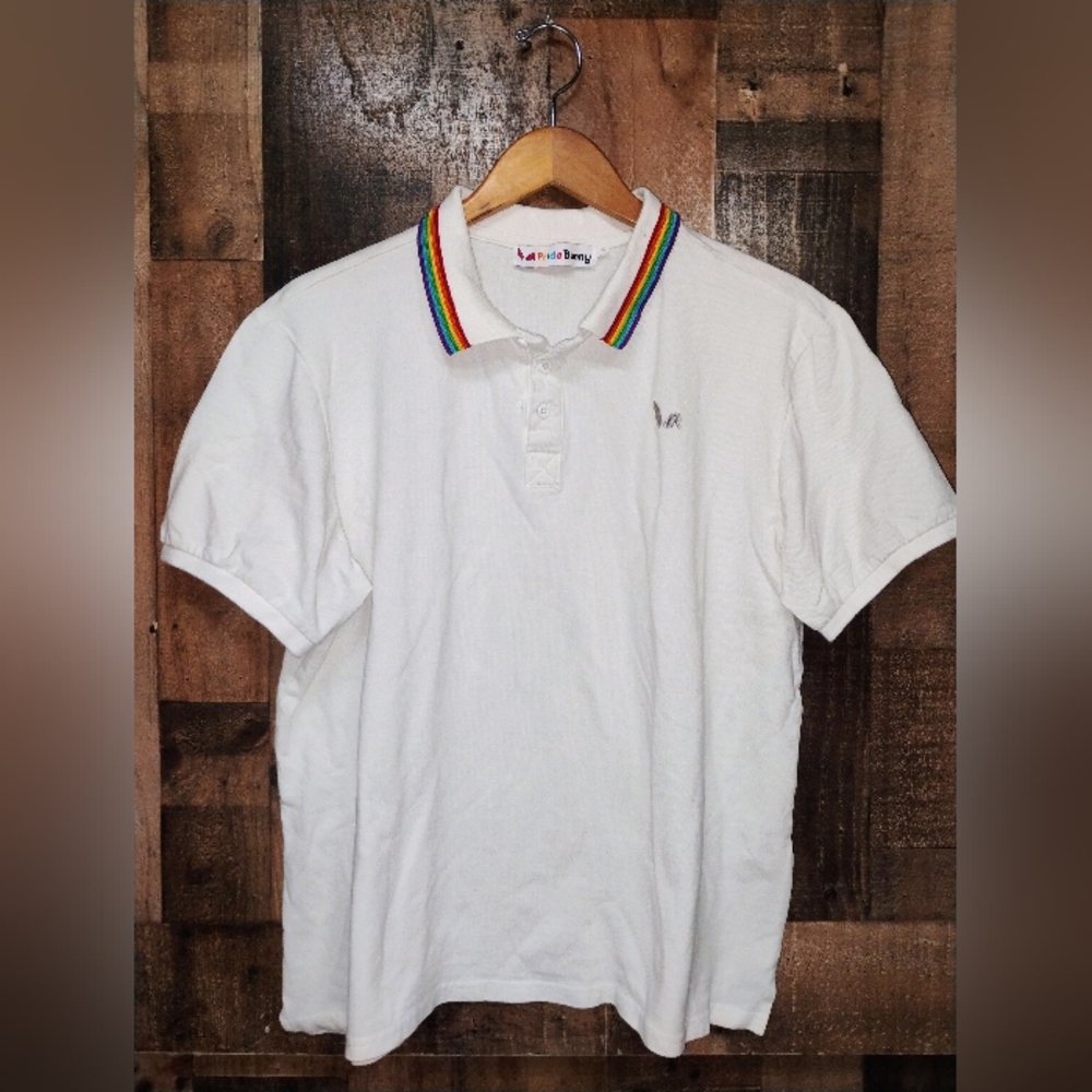 Pride Bunny White Polo Rainbow Collar Mens Size XL